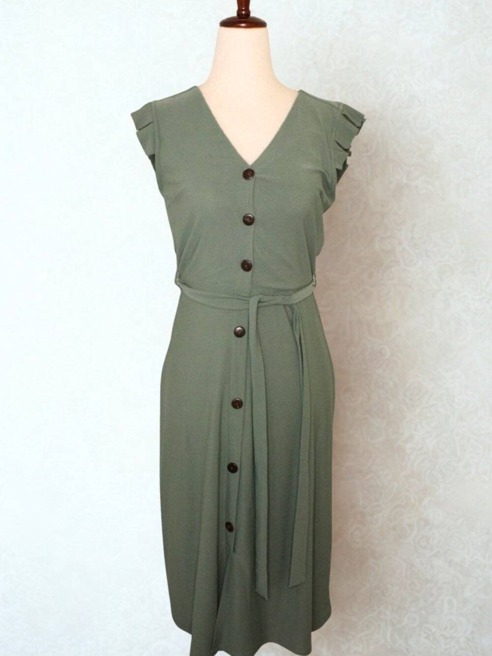 Monteau Sage Green Button Up Midi Dress Ruffle Cap Sleeve Tie Waist Size X-Small